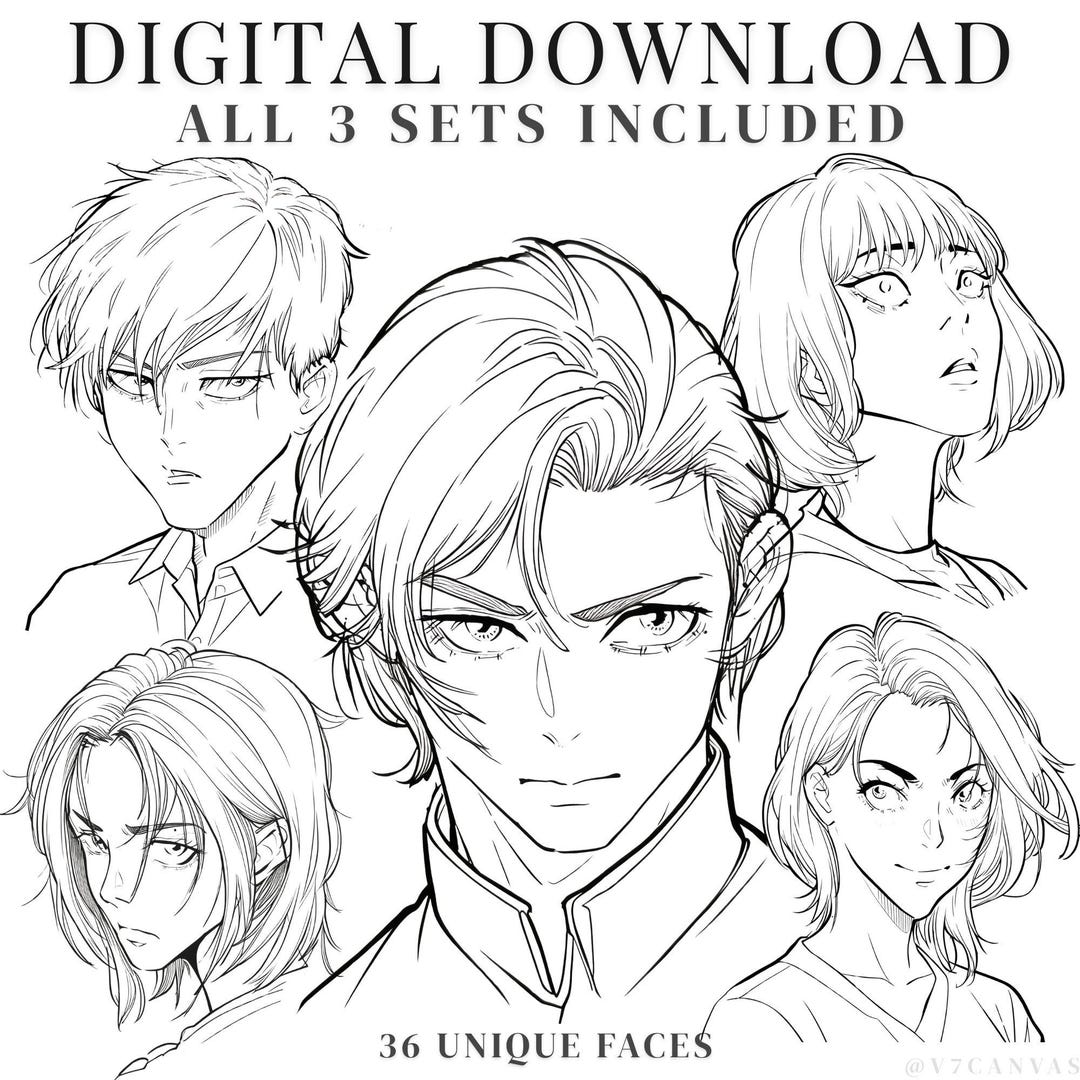 Face Drawing Reference Bundle – 36 Portrait Line Art Faces | Digital ...