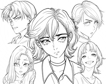 Anime Portrait Line Art – Face Drawing Reference for Artists (12 Heads)