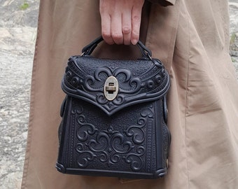 Black genuine leather backpack, embossed leather backpack, small boho packpack, women&#39;s backpack, black purse, gift from Ukraine