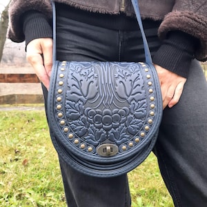 Embossed Blue Leather Crossbody Bag with Metal, Handmade Calf Leather Purse