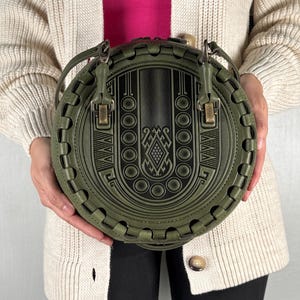 Olive Green Embossed Leather Round Bag, Top Handle Crossbody