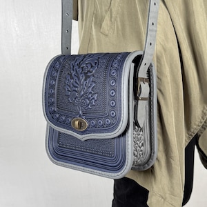 Blue genuine leather bag, crossbody bag, shoulder bag, embossed leather purse, blue-gray leather purse, gift from Ukraine