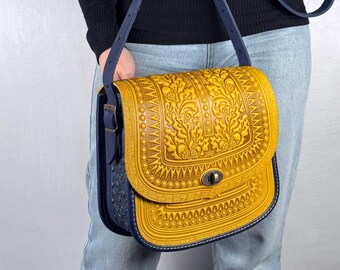 Yellow-blue large genuine leather bag, crossbody bag, shoulder bag, embossed leather large purse, yellow purse, gift from Ukraine
