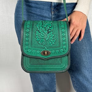 Embossed Green Leather Crossbody Bag, Handmade Calf Leather Purse