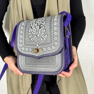 Gray-ultramarine genuine leather bag, embossed leather purse, crossbody bag, shoulder bag, gray+ultramarine leather purse, gift from Ukraine