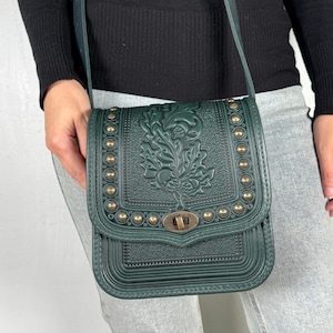 Embossed Leather Crossbody Bag with Metal, Green Calf Leather Purse, Handmade