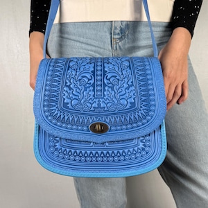 Blue large genuine leather bag, embossed leather large purse, crossbody bag, shoulder bag, light blue purse, gift from Ukraine