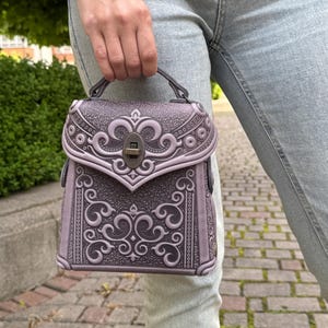 Lilac genuine leather backpack, embossed leather backpack, women&#39;s backpack, small boho packpack, lilac leather purse, gift from Ukraine