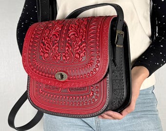 Red-black large genuine leather bag, crossbody bag, embossed leather large purse, shoulder bag, gift from Ukraine