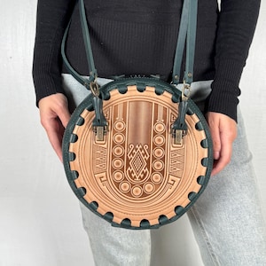 Handmade Embossed Round Leather Bag, Beige & Green, Shoulder Strap