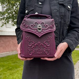 Purple genuine leather backpack, embossed leather backpack, small boho packpack, purple purse, women&#39;s backpack, gift from Ukraine
