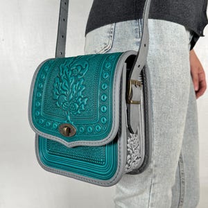 Embossed Turquoise-Gray Leather Crossbody Bag, Handmade Oak Leaf Purse