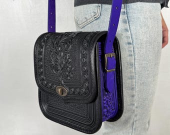 Embossed Black-Ultramarine Leather Crossbody Bag, Handmade Ukrainian Purse
