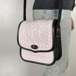Embossed White-Black Leather Crossbody Bag, Handmade Calf Leather Purse