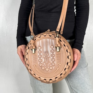 Beige genuine leather bag, beige round purse, top handles bag, shoulder bag, embossed leather purse, round leather purse, crossbody bag