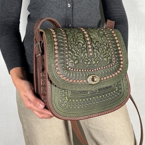 Olive green large genuine leather bag with metal, embossed leather large purse, shoulder bag, crossbody bag, gift for her, olive-brown bag