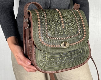 Embossed Leather Crossbody Bag with Metal, Olive Green+Brown Genuine Leather Purse