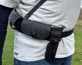 Black cartridge belt, leather bandolier, leather belt for hunter, leather hunting belt, hunter accessories, belt for knife and bullets