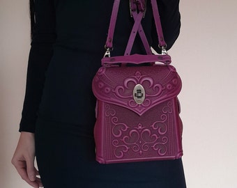Pink genuine leather backpack, small boho packpack, embossed leather backpack, pink purse, women&#39;s backpack, gift from Ukraine