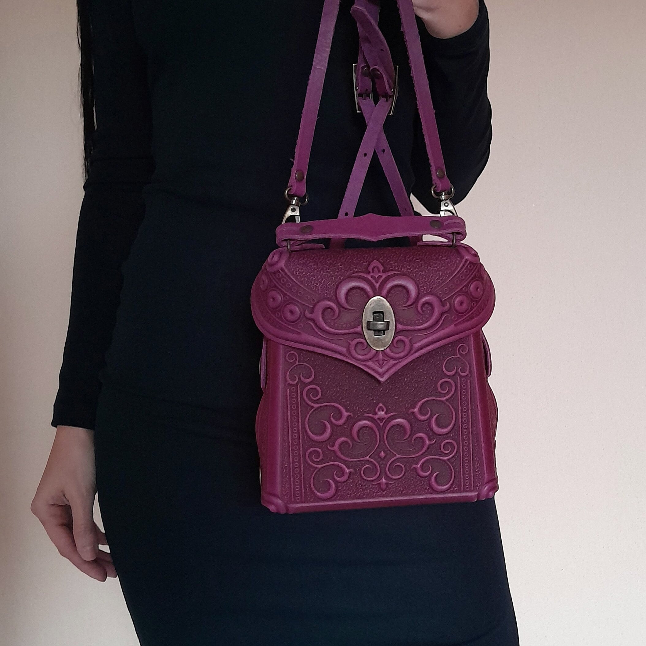 Elegant Pink Western Embossed Leather Handmade Backpack Embossed Pink Leather Backpack, Handmade Small Boho Purse - Etsy main image 3