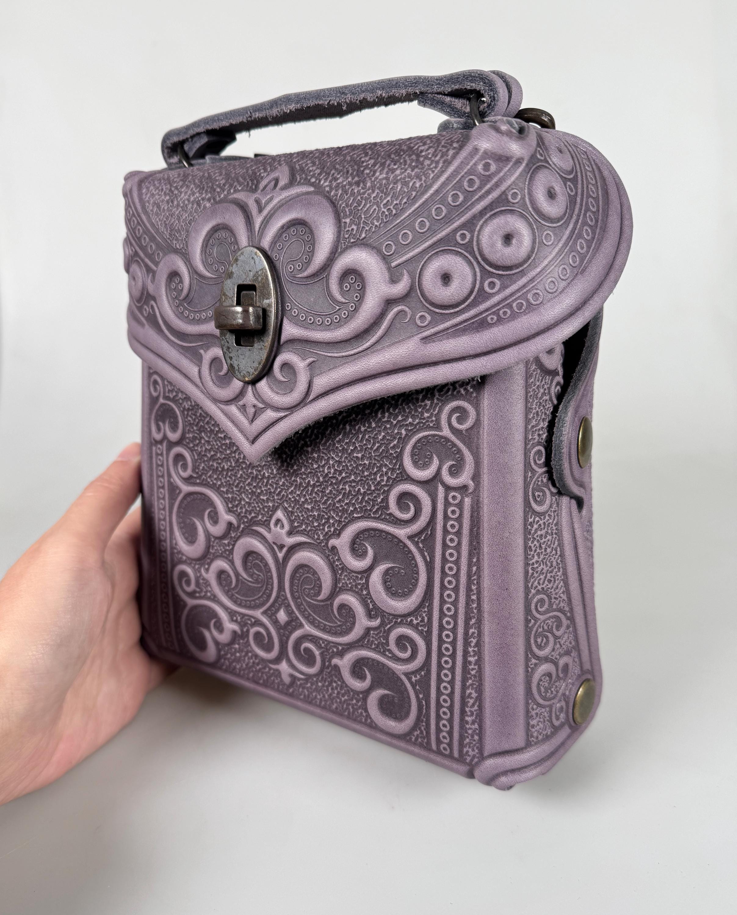 Embossed Lilac Leather Backpack, Small Boho Purse, Handmade  display picture 2