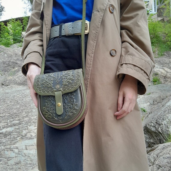 Olive Green Leather Shoulder Bag, Hot Tooled Oak Leaf Mini Purse