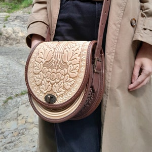 Embossed Leather Crossbody Bag: Handmade Beige+Brown Shoulder Purse