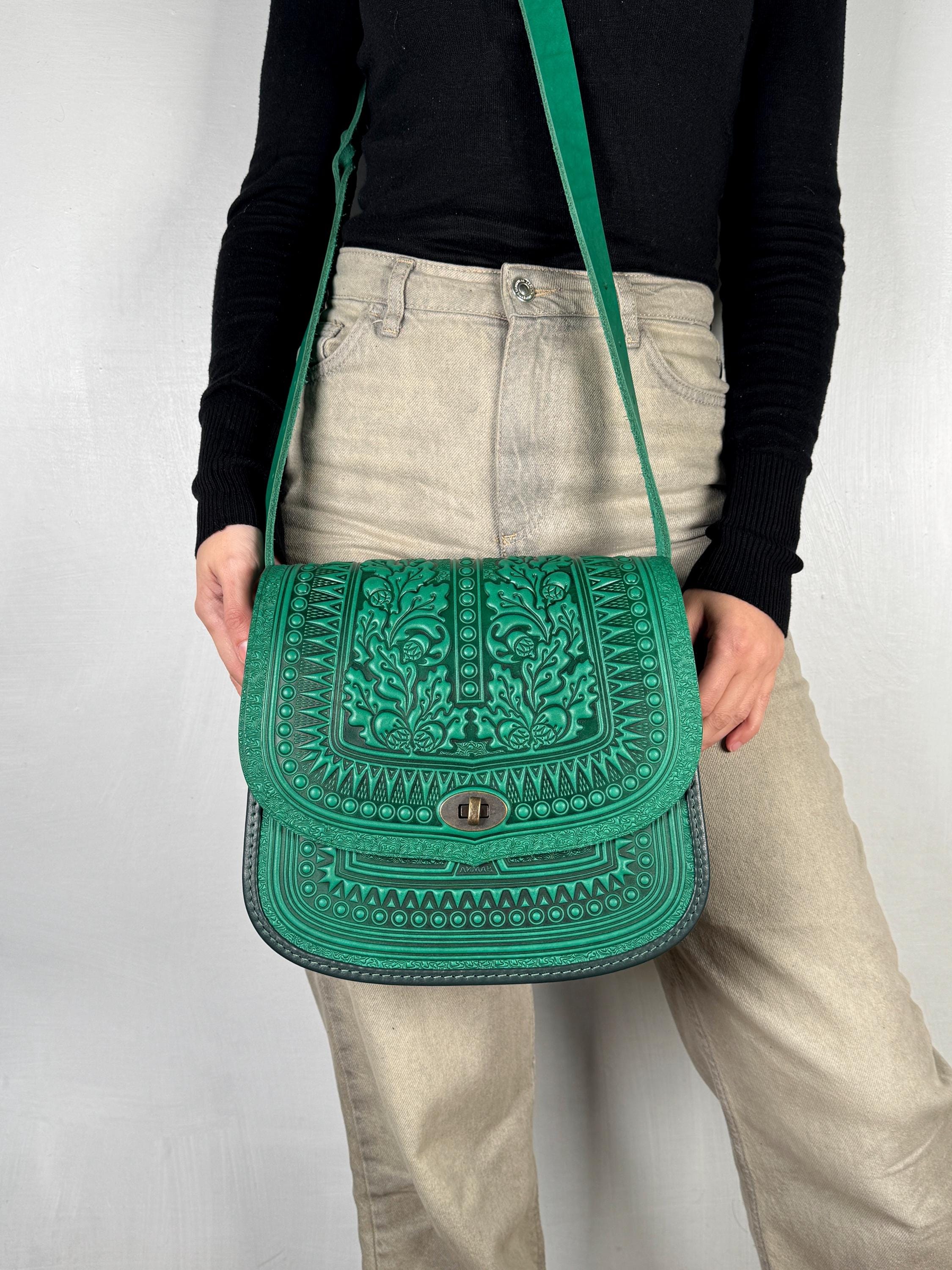 Green Embossed Leather Crossbody Bag, Handmade Large Ukrainian
