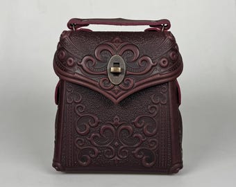 Burgundy genuine leather backpack, small boho packpack, women&#39;s backpack, bordeaux purse, embossed leather backpack, gift from Ukraine