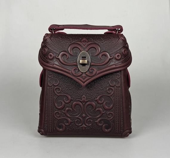burgundy color leather backpack Embossed Burgundy Leather Backpack, Small Boho Purse
