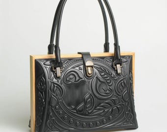 Black leather bag, evening purse, leather bag with wooden frame, embossed purse, gift from Ukraine