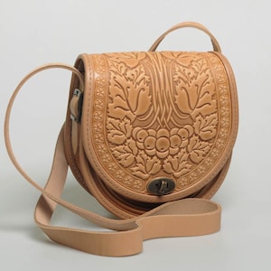 Embossed Beige Leather Crossbody Bag, Handmade Shoulder Purse