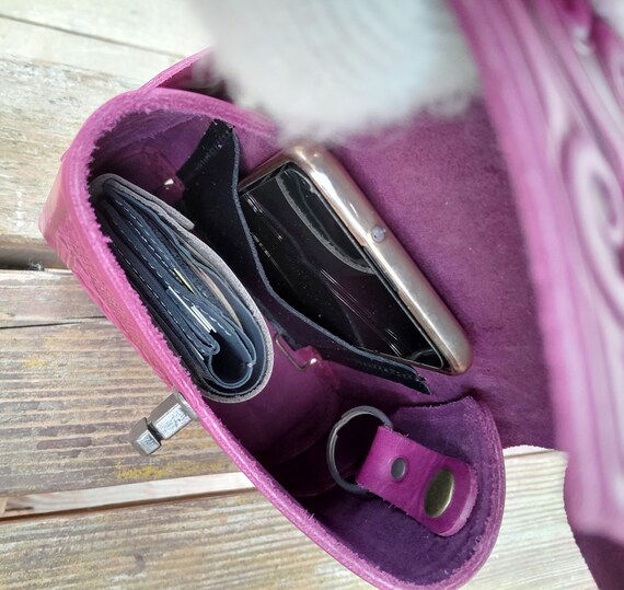Embossed Pink Leather Backpack, Handmade Small Boho Purse - Etsy display picture 2