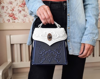 White+blue genuine leather backpack, embossed leather backpack, small boho packpack, women&#39;s backpack, white purse, gift from Ukraine