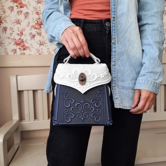 blue and white backpack leather Embossed Leather Backpack, White & Blue, Handmade Small Boho Bag