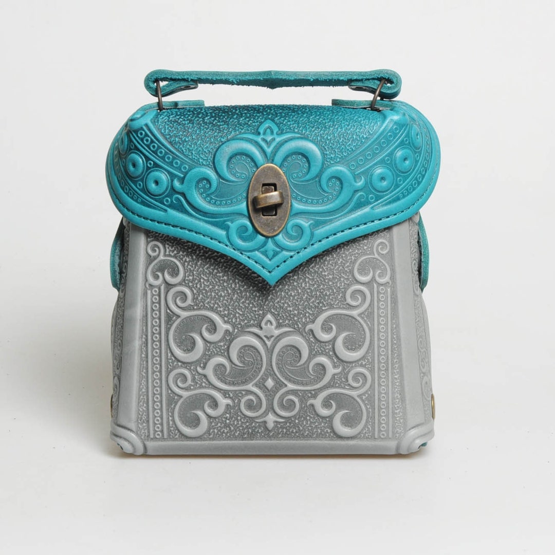 Embossed Leather Mini Backpack, Turquoise & Gray, Handmade  display picture 3