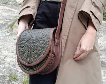 Embossed Leather Crossbody Bag: Olive Green+Brown Half Round Purse