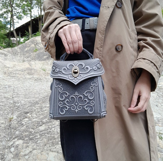 Embossed Gray Leather Backpack, Handmade Small Boho Purse - Etsy display picture 2