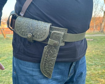 Olive green cartridge belt, leather bandolier, leather belt for hunter, hunter accessories, leather hunting belt, belt for knife and bullets