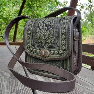 Olive green/dark brown genuine leather bag, shoulder bag, embossed leather purse, crossbody bag, green purse, gift from Ukraine