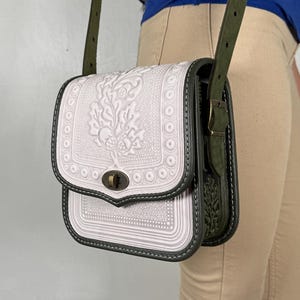 Embossed Leather Crossbody Bag, White & Olive Green, Handmade