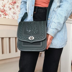 Embossed Green Leather Crossbody Bag: Handmade Calf Leather Purse