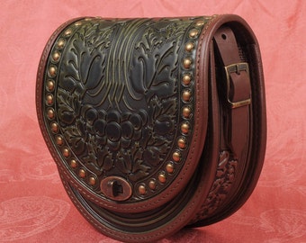 Embossed Leather Crossbody Bag, Olive Green+Brown Purse with Metal