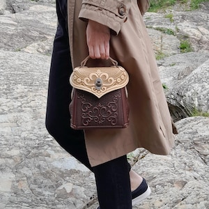 Beige+brown genuine leather backpack, women&#39;s backpack, embossed leather backpack, beige purse, small boho packpack, gift from Ukraine