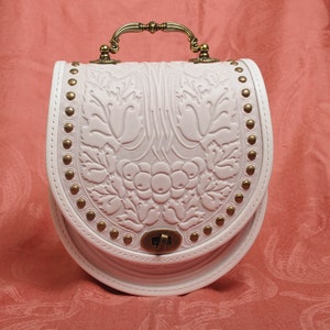 White genuine leather bag with metal handle, half round bag with metal, crossbody bag, shoulder bag, white purse, embossed leather purse