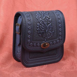 Blue genuine leather bag, shoulder bag, crossbody bag, embossed leather purse, blue leather purse, gift from Ukraine
