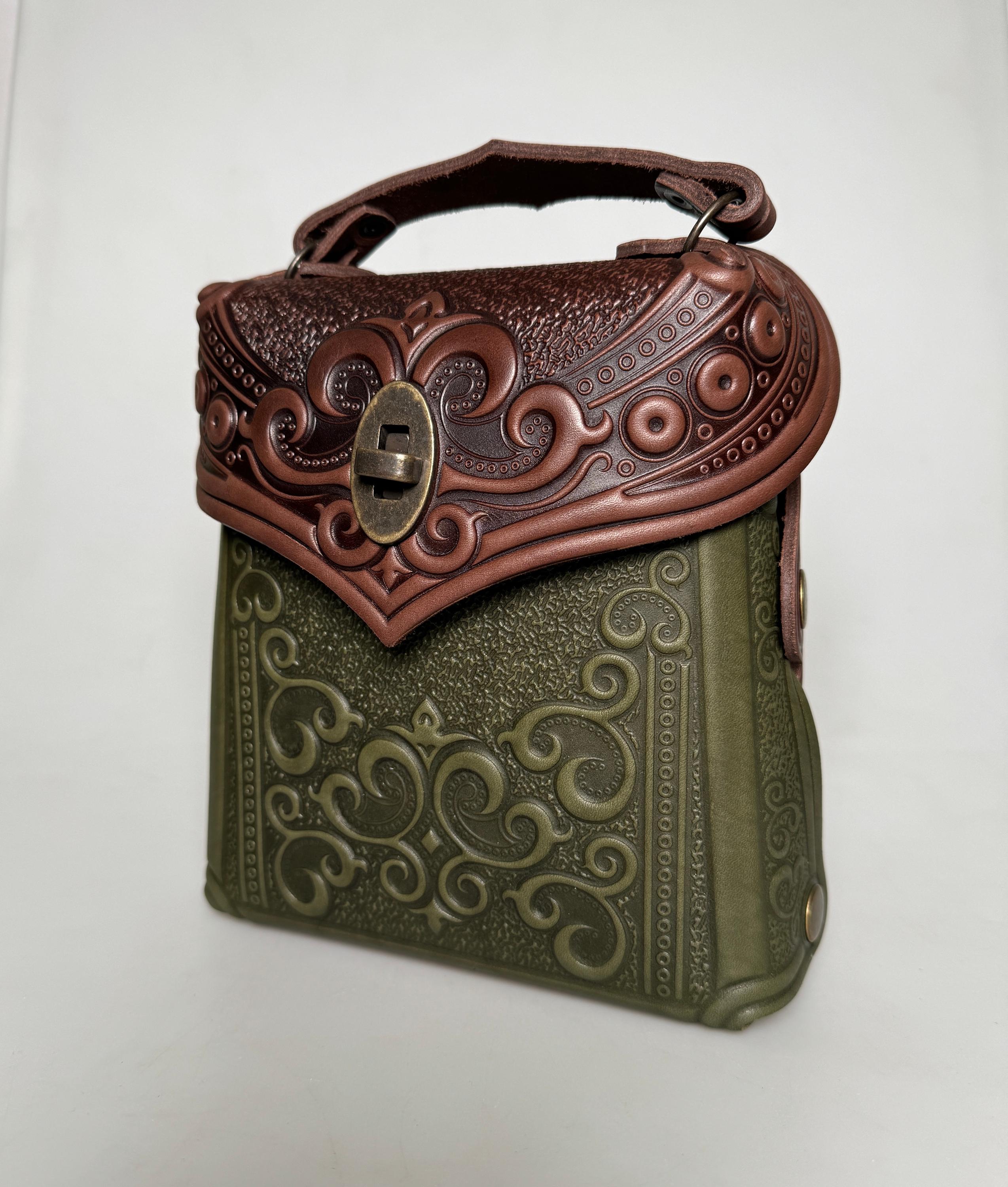 Embossed Floral Leather Mini Backpack - Olive Green Embossed Leather Mini Backpack, Olive Green+beige Boho Bag  main image 4