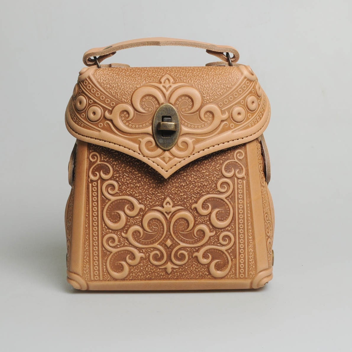 Beige genuine leather backpack, embossed leather backpack, small boho packpack, women's backpack, beige purse, gift from Ukraine