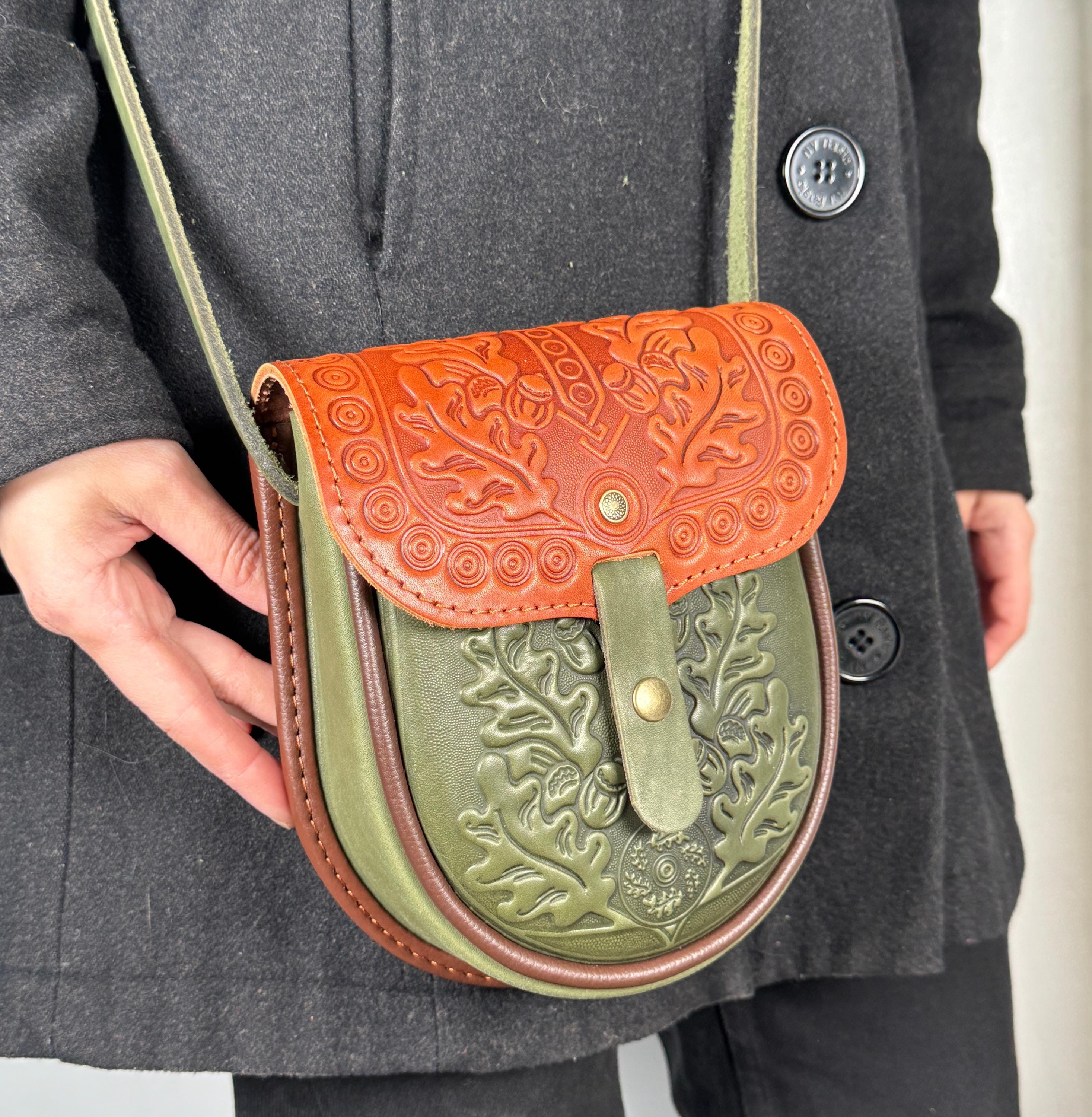 Handmade Foxy+olive Green Leather Shoulder Bag, Tooled Oak Leaf