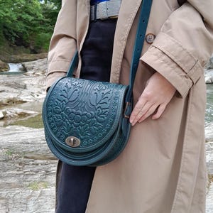 Embossed Green Leather Crossbody Bag, Handmade Calf Leather Purse